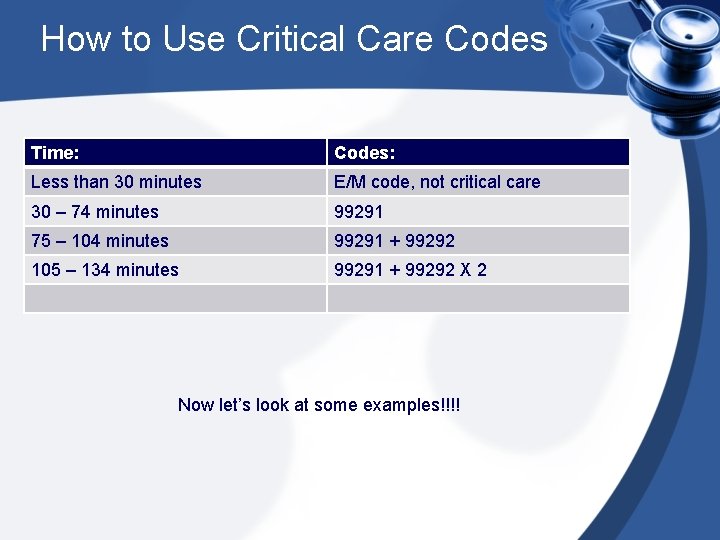 How to Use Critical Care Codes Time: Codes: Less than 30 minutes E/M code,