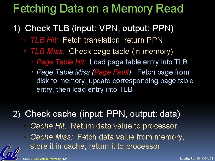 Fetching Data on a Memory Read 1) Check TLB (input: VPN, output: PPN) TLB