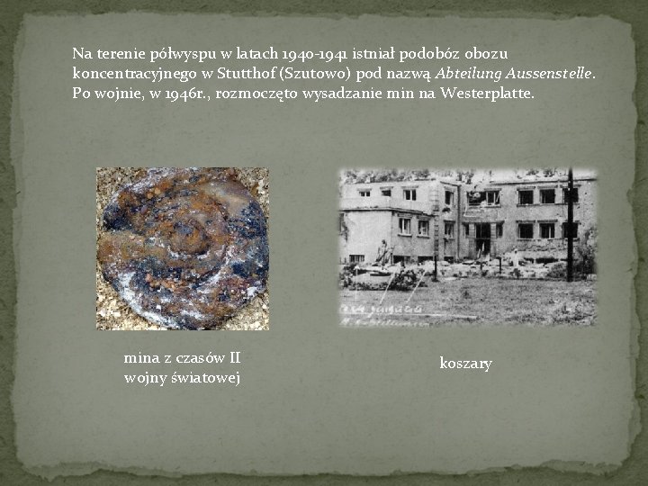 Na terenie półwyspu w latach 1940 -1941 istniał podobóz obozu koncentracyjnego w Stutthof (Szutowo)