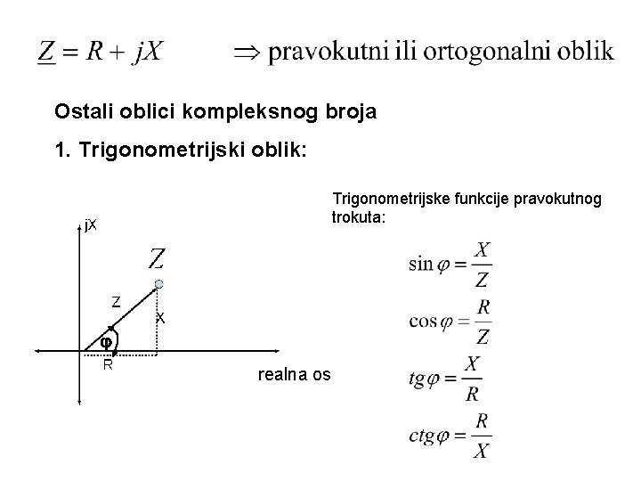 Ostali oblici kompleksnog broja 1. Trigonometrijski oblik: Trigonometrijske funkcije pravokutnog trokuta: realna os 