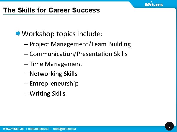 The Skills for Career Success Workshop topics include: – Project Management/Team Building – Communication/Presentation