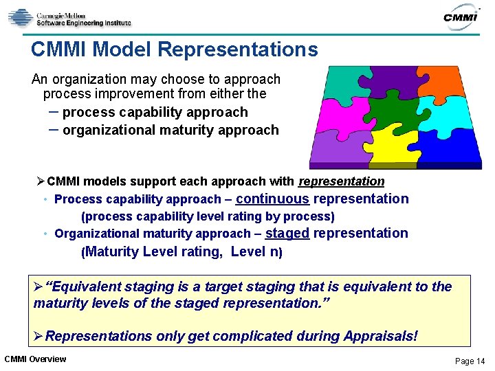 CMMI Model Representations An organization may choose to approach process improvement from either the CMMI Model Representations An organization may choose to approach process improvement from either the