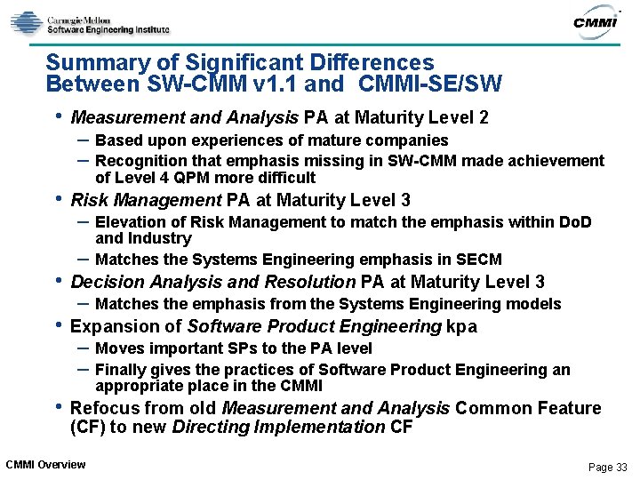 Summary of Significant Differences Between SW-CMM v 1. 1 and CMMI-SE/SW • Measurement and