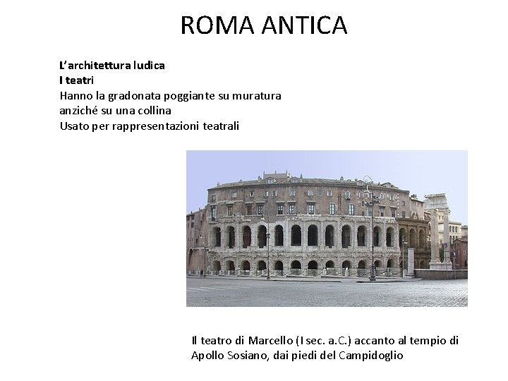ROMA ANTICA L’architettura ludica I teatri Hanno la gradonata poggiante su muratura anziché su