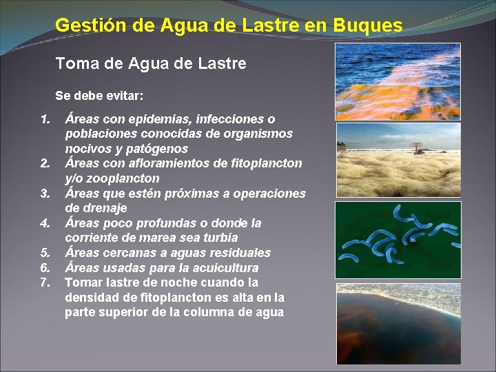 Gestión de Agua de Lastre en Buques Toma de Agua de Lastre Se debe