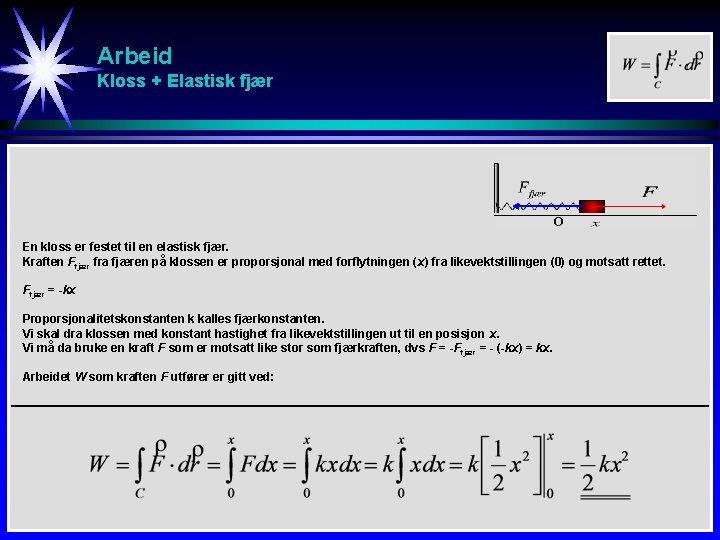 Arbeid Kloss + Elastisk fjær En kloss er festet til en elastisk fjær. Kraften