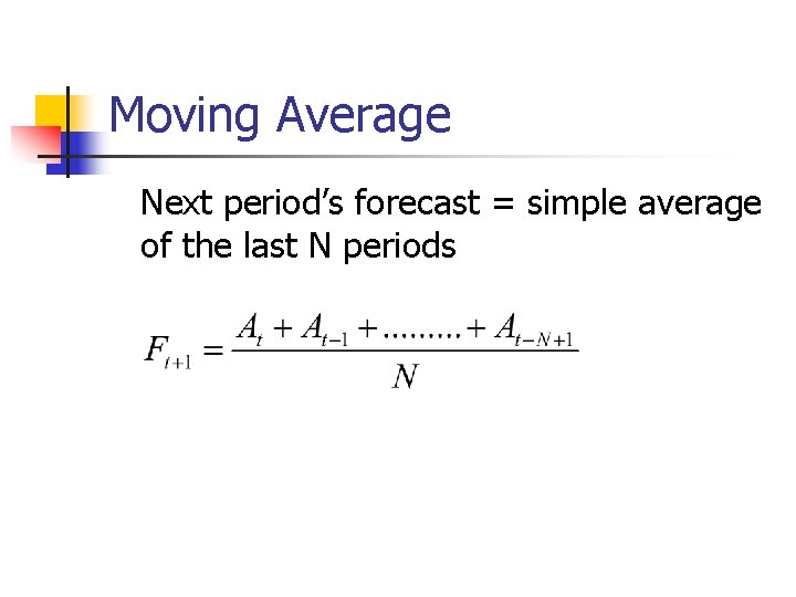 Moving Average Next period’s forecast = simple average of the last N periods 