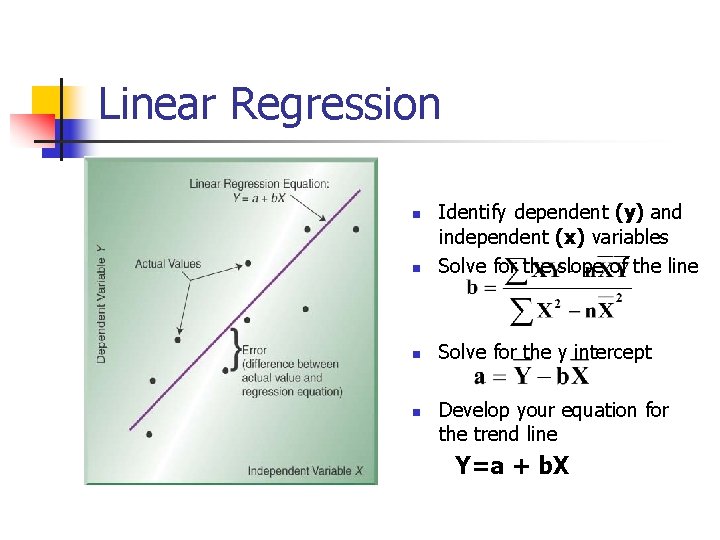 Linear Regression n Identify dependent (y) and independent (x) variables Solve for the slope