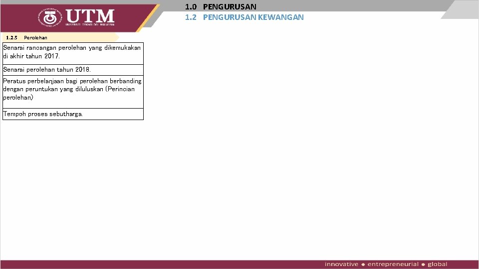 1. 0 PENGURUSAN 1. 2 PENGURUSAN KEWANGAN 1. 2. 5 Perolehan Senarai rancangan perolehan