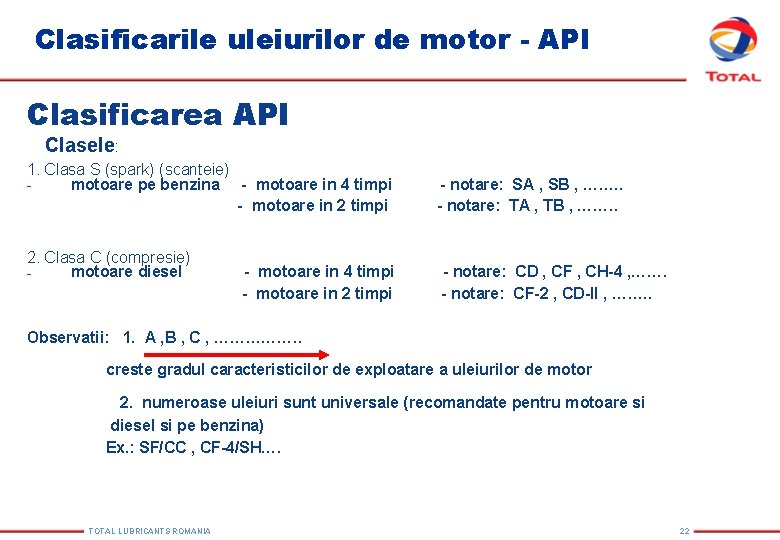 Clasificarile uleiurilor de motor - API Clasificarea API Clasele: 1. Clasa S (spark) (scanteie) Clasificarile uleiurilor de motor - API Clasificarea API Clasele: 1. Clasa S (spark) (scanteie)