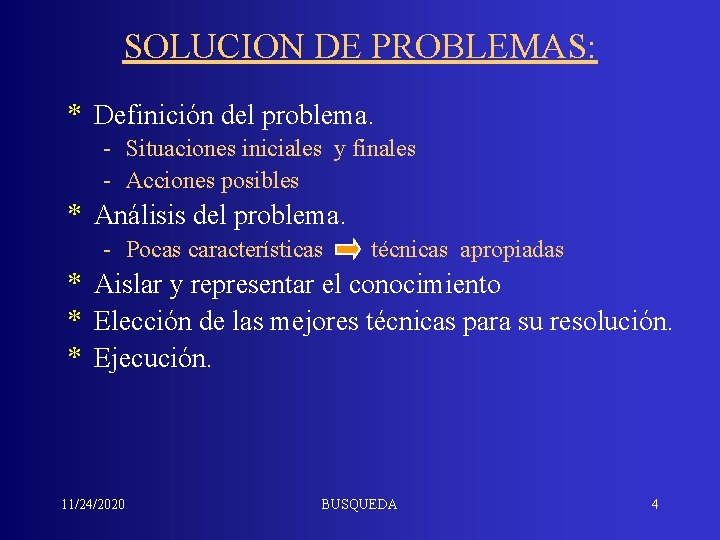 SOLUCION DE PROBLEMAS: * Definición del problema. - Situaciones iniciales y finales - Acciones