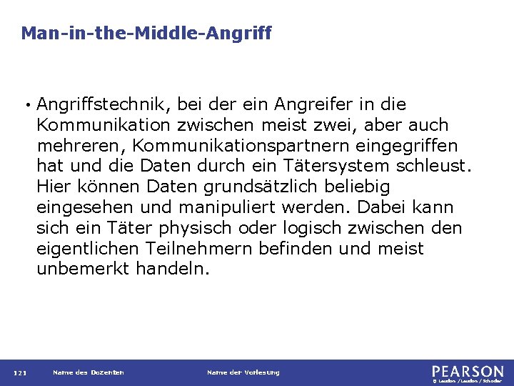 Man-in-the-Middle-Angriff • 121 Angriffstechnik, bei der ein Angreifer in die Kommunikation zwischen meist zwei,