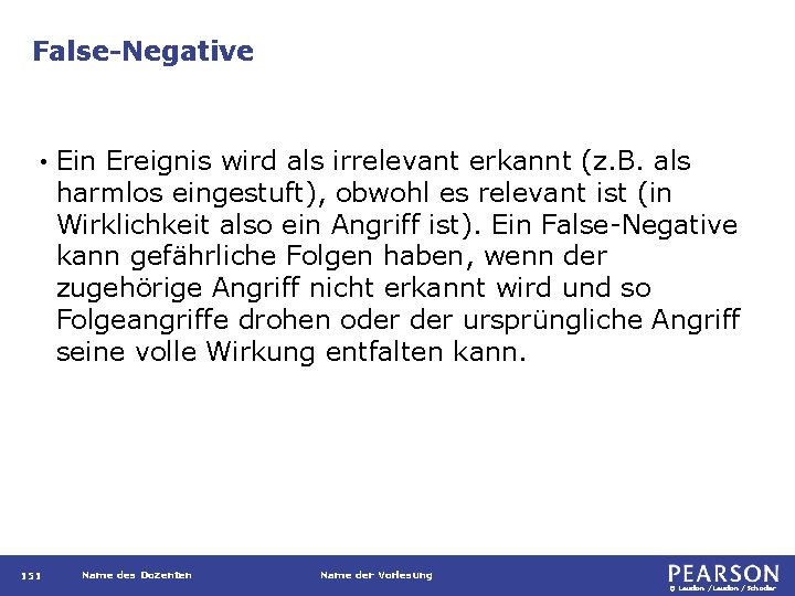 False-Negative • 151 Ein Ereignis wird als irrelevant erkannt (z. B. als harmlos eingestuft), False-Negative • 151 Ein Ereignis wird als irrelevant erkannt (z. B. als harmlos eingestuft),