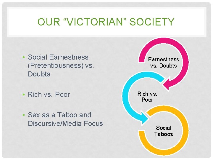 OUR “VICTORIAN” SOCIETY • Social Earnestness (Pretentiousness) vs. Doubts • Rich vs. Poor •