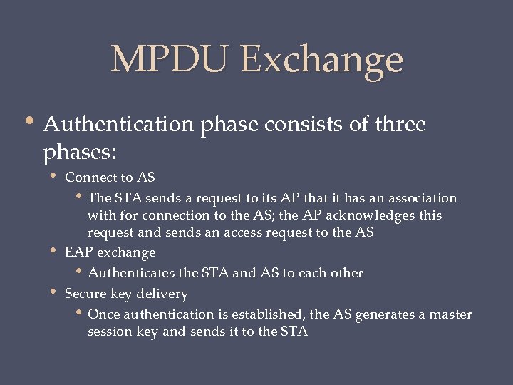 MPDU Exchange • Authentication phase consists of three phases: • • • Connect to
