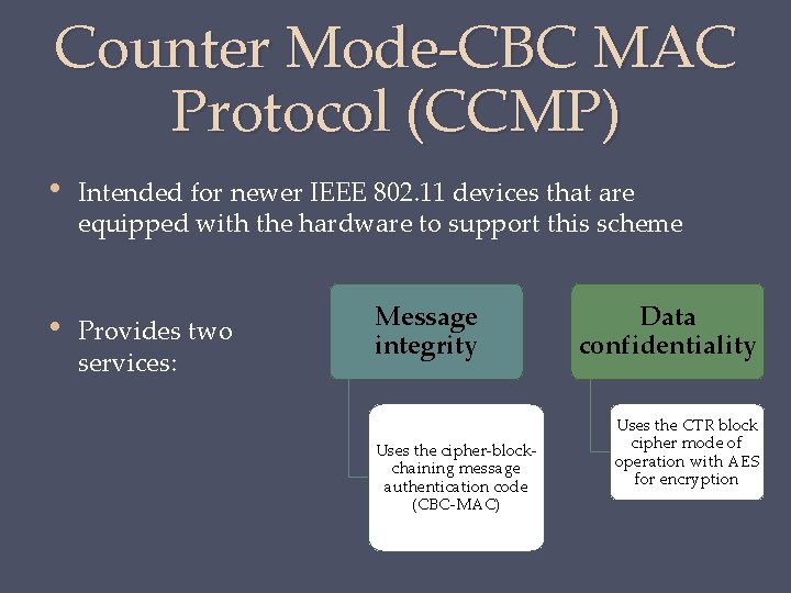 Counter Mode-CBC MAC Protocol (CCMP) • Intended for newer IEEE 802. 11 devices that