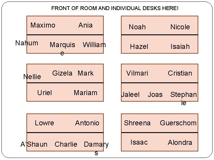 FRONT OF ROOM AND INDIVIDUAL DESKS HERE! Maximo Nahum Ania Marquis e Nellie William