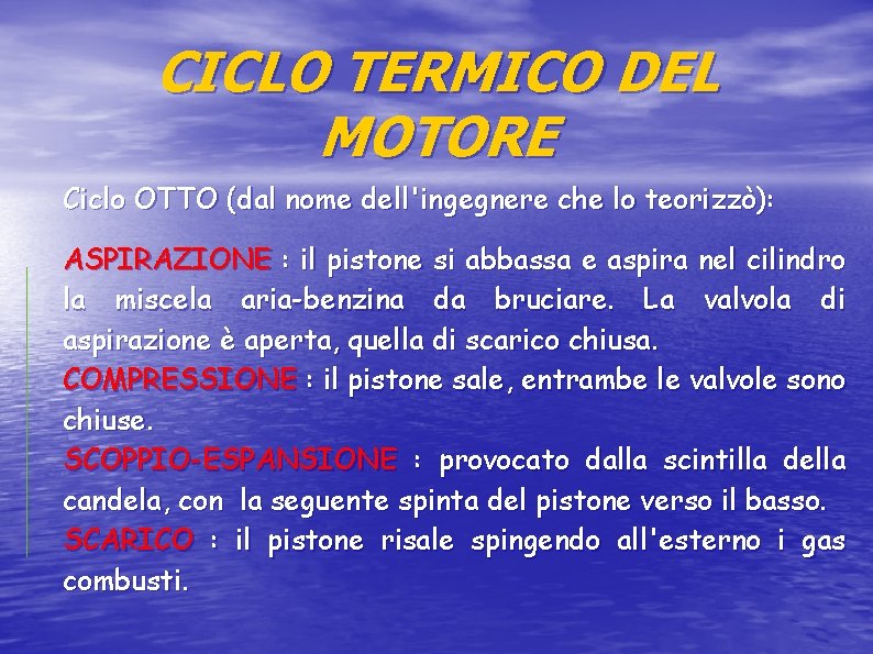 CICLO TERMICO DEL MOTORE Ciclo OTTO (dal nome dell'ingegnere che lo teorizzò): ASPIRAZIONE :