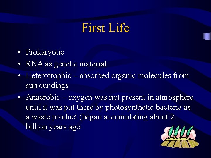 First Life • Prokaryotic • RNA as genetic material • Heterotrophic – absorbed organic