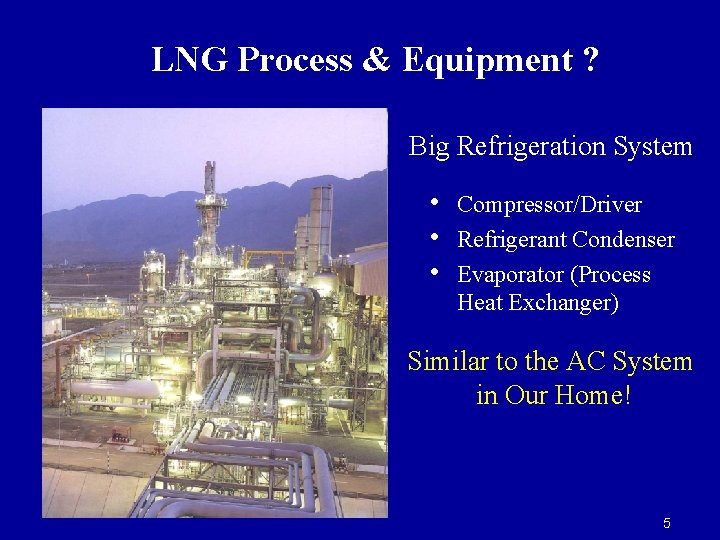 LNG Process & Equipment ? Big Refrigeration System • • • Compressor/Driver Refrigerant Condenser LNG Process & Equipment ? Big Refrigeration System • • • Compressor/Driver Refrigerant Condenser