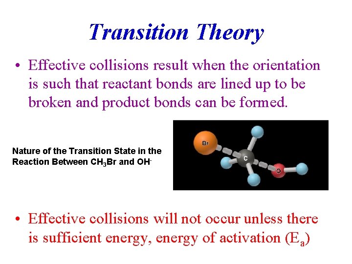 Transition Theory • Effective collisions result when the orientation is such that reactant bonds