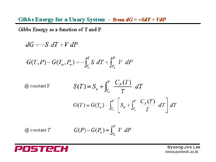 Gibbs Energy for a Unary System - from d. G = –Sd. T +