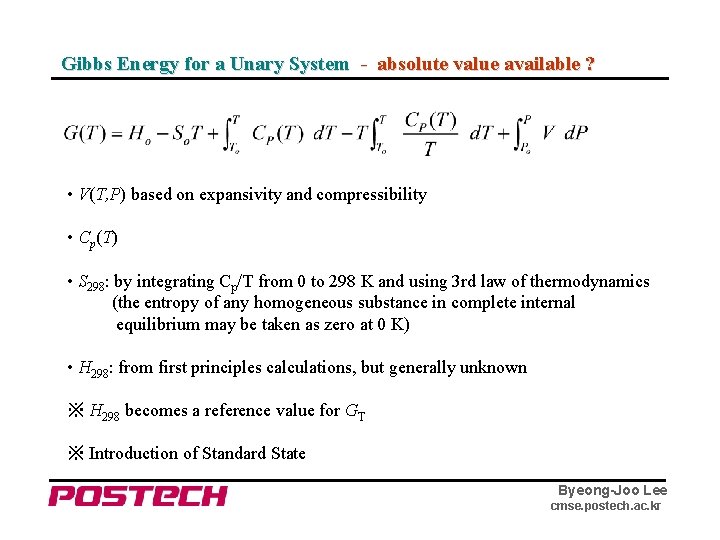 Gibbs Energy for a Unary System - absolute value available ? • V(T, P)