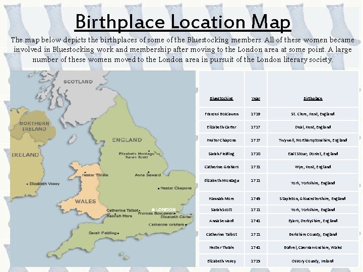 Birthplace Location Map The map below depicts the birthplaces of some of the Bluestocking