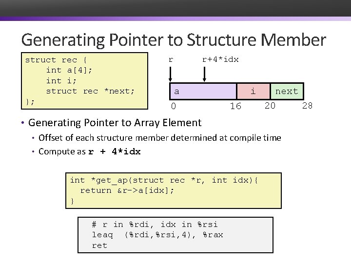 Generating Pointer to Structure Member struct rec { int a[4]; int i; struct rec