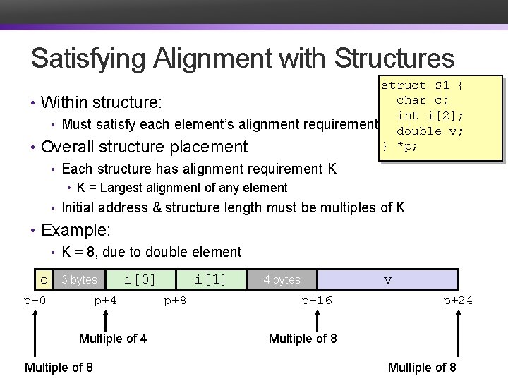 Satisfying Alignment with Structures struct S 1 { char c; • Within structure: int