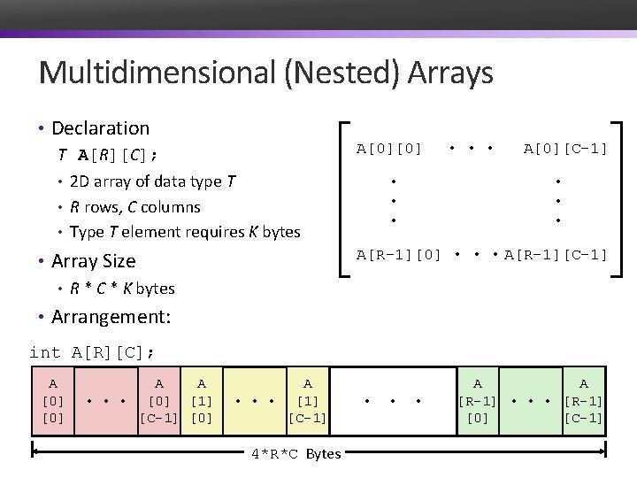 Multidimensional (Nested) Arrays • Declaration T A[R][C]; • 2 D array of data type