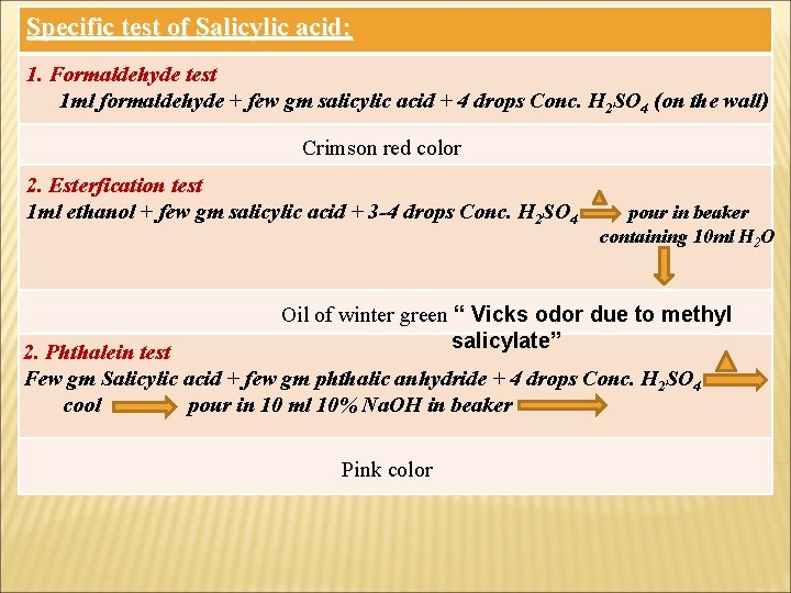 Specific test of Salicylic acid: 1. Formaldehyde test 1 ml formaldehyde + few gm