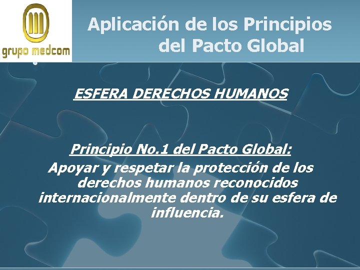 Aplicación de los Principios del Pacto Global ESFERA DERECHOS HUMANOS Principio No. 1 del