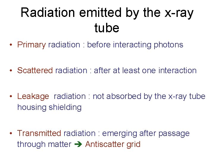 Radiation emitted by the x-ray tube • Primary radiation : before interacting photons •