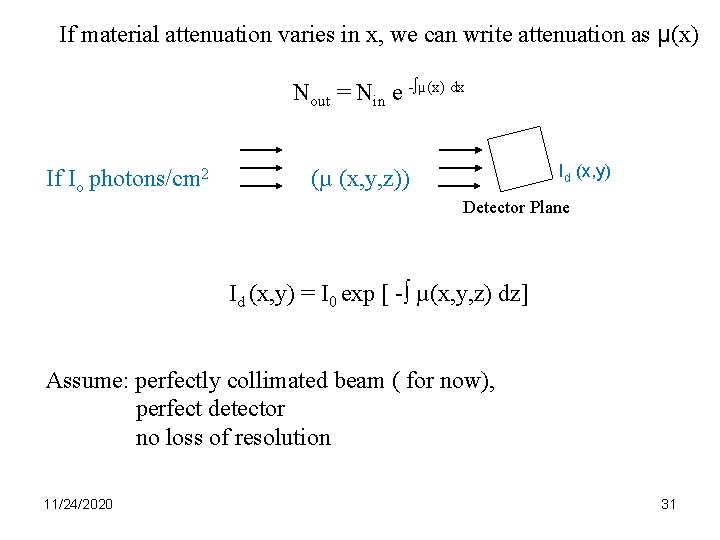 If material attenuation varies in x, we can write attenuation as µ(x) Nout =