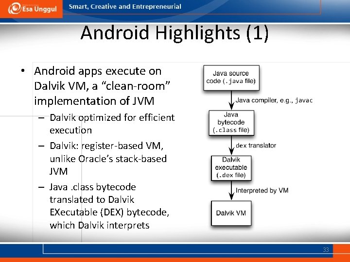 Android Highlights (1) • Android apps execute on Dalvik VM, a “clean-room” implementation of