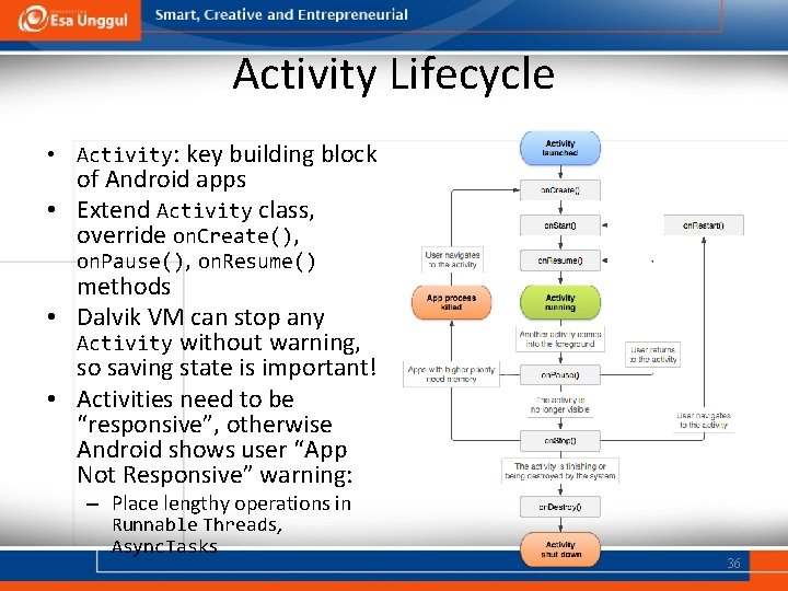 Activity Lifecycle • Activity: key building block of Android apps • Extend Activity class,