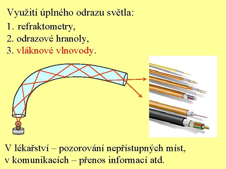 Využití úplného odrazu světla: 1. refraktometry, 2. odrazové hranoly, 3. vláknové vlnovody. V lékařství