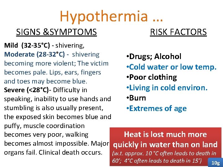 Hypothermia … SIGNS &SYMPTOMS RISK FACTORS Mild (32 -35°C) - shivering, Moderate (28 -32°C)