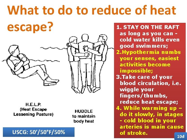 What to do to reduce of heat escape? USCG: 50’/50°F/50% 1. STAY ON THE
