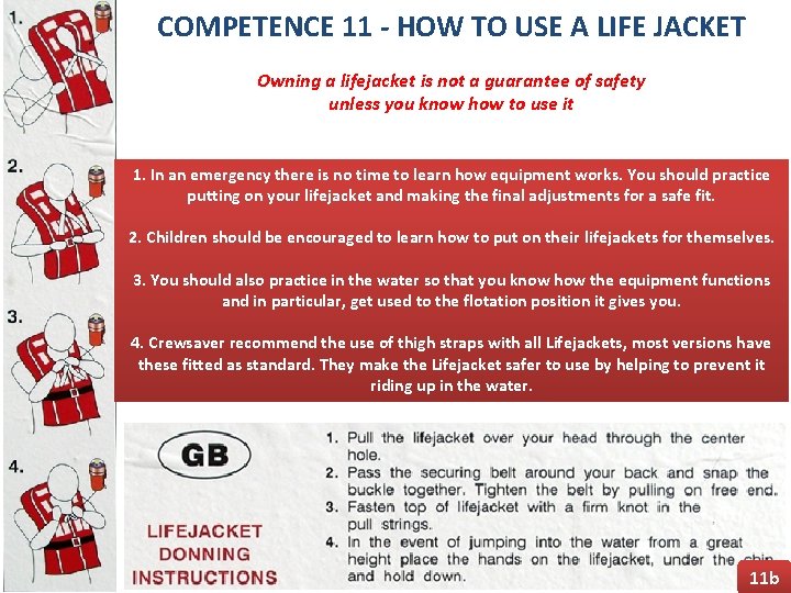 COMPETENCE 11 - HOW TO USE A LIFE JACKET Owning a lifejacket is not