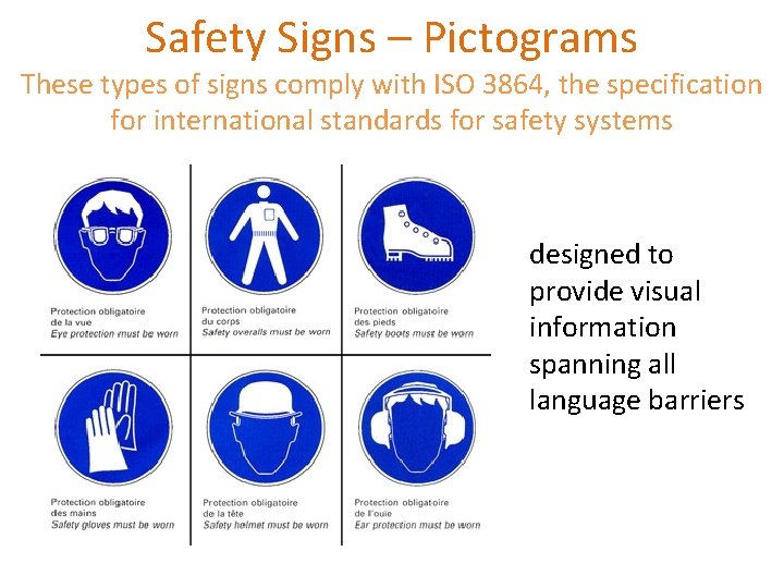 Safety Signs – Pictograms These types of signs comply with ISO 3864, the specification