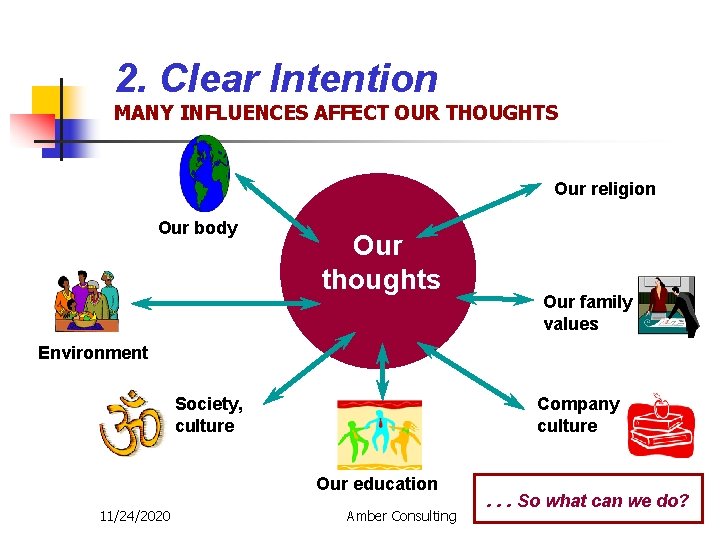 2. Clear Intention MANY INFLUENCES AFFECT OUR THOUGHTS Our religion Our body Our thoughts