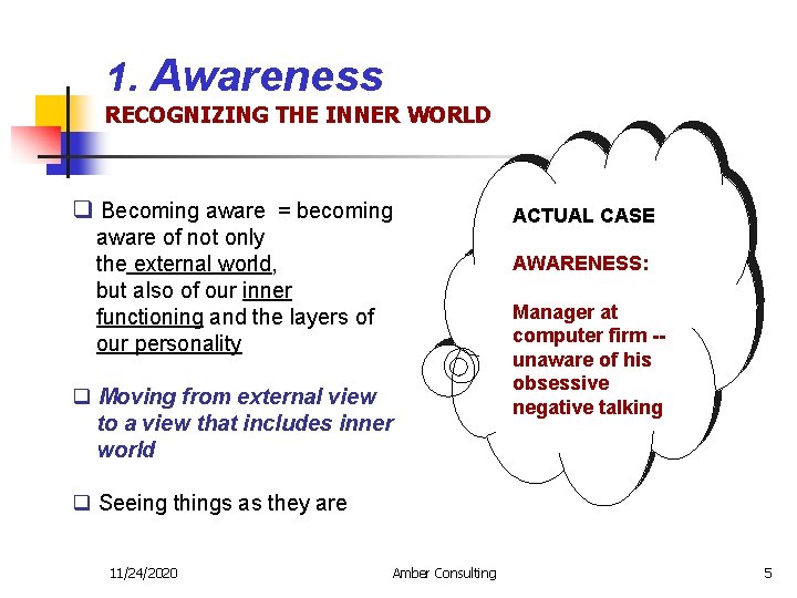 1. Awareness RECOGNIZING THE INNER WORLD q Becoming aware = becoming ACTUAL CASE aware