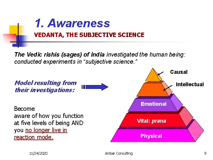 1. Awareness VEDANTA, THE SUBJECTIVE SCIENCE The Vedic rishis (sages) of India investigated the