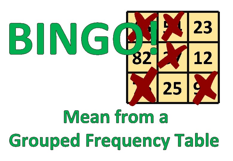 BINGO! 45 54 23 82 37 12 76 25 91 Mean from a Grouped