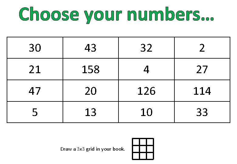 Choose your numbers… 30 43 32 2 21 158 4 27 47 20 126