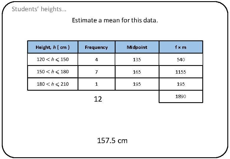 Students’ heights… Estimate a mean for this data. Height, h ( cm ) Frequency