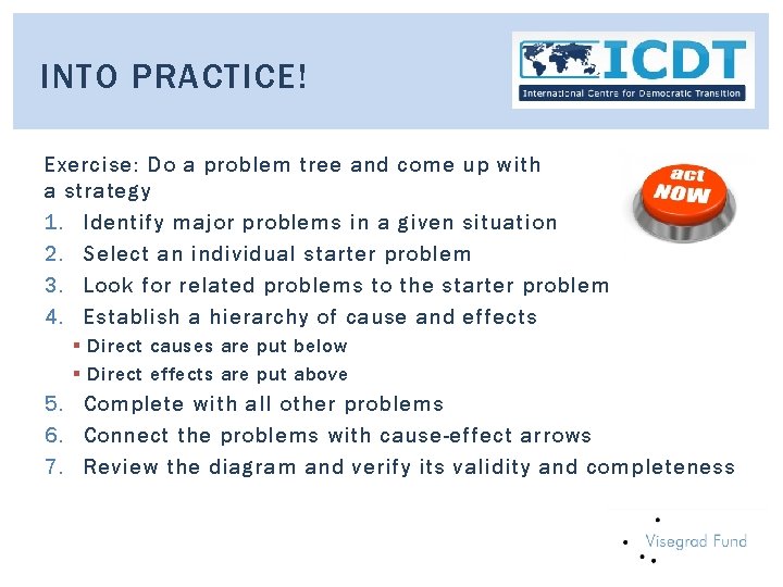 INTO PRACTICE! Exercise: Do a problem tree and come up with a strategy 1.