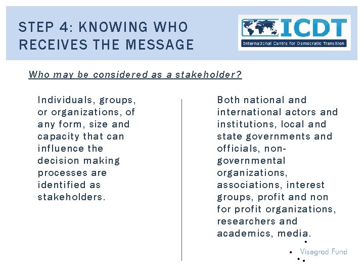 STEP 4: KNOWING WHO RECEIVES THE MESSAGE Who may be considered as a stakeholder?